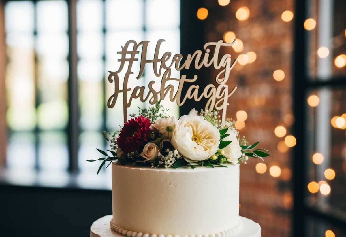 A wedding cake topper adorned with hashtags and floral arrangements