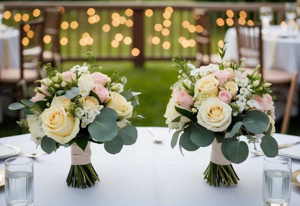 A table set with two bouquets of flowers, one for the mother of the bride and one for the mother of the groom, symbolizing their roles in the wedding