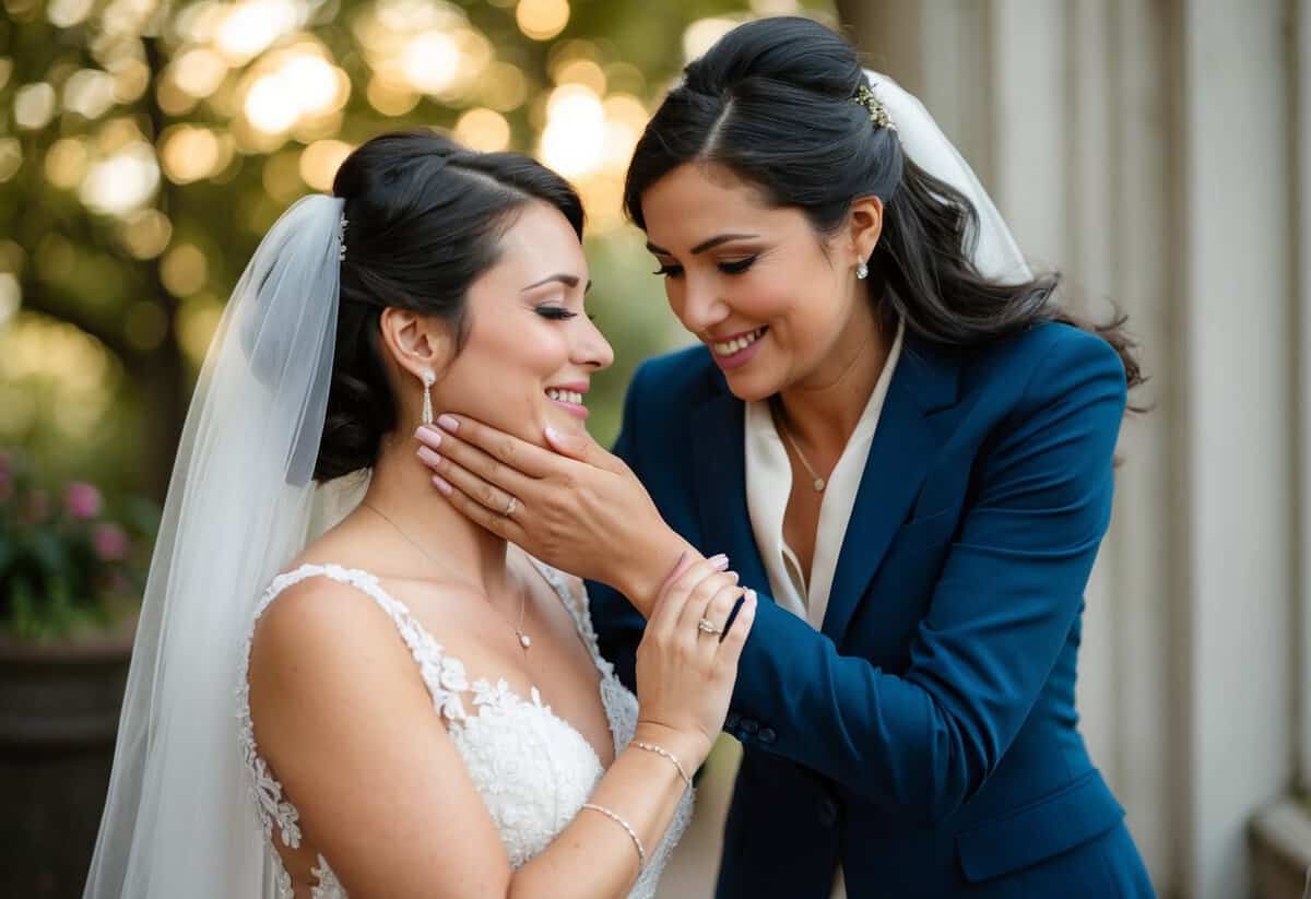 A friend comforts a stressed bride with a gentle touch and a reassuring smile