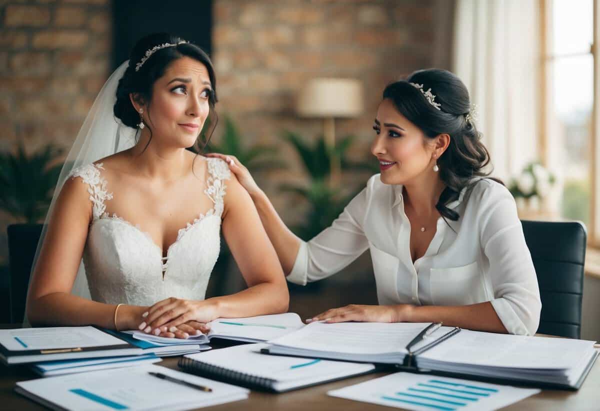 A bride sitting with a worried expression, surrounded by wedding planning books and papers. A friend is comforting her with a reassuring hand on her shoulder