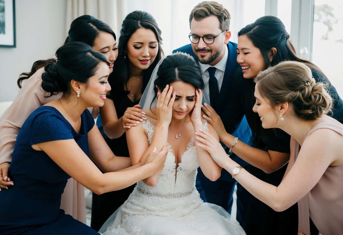 A group of friends surround a distressed bride, offering hugs and words of support as she sits with her head in her hands