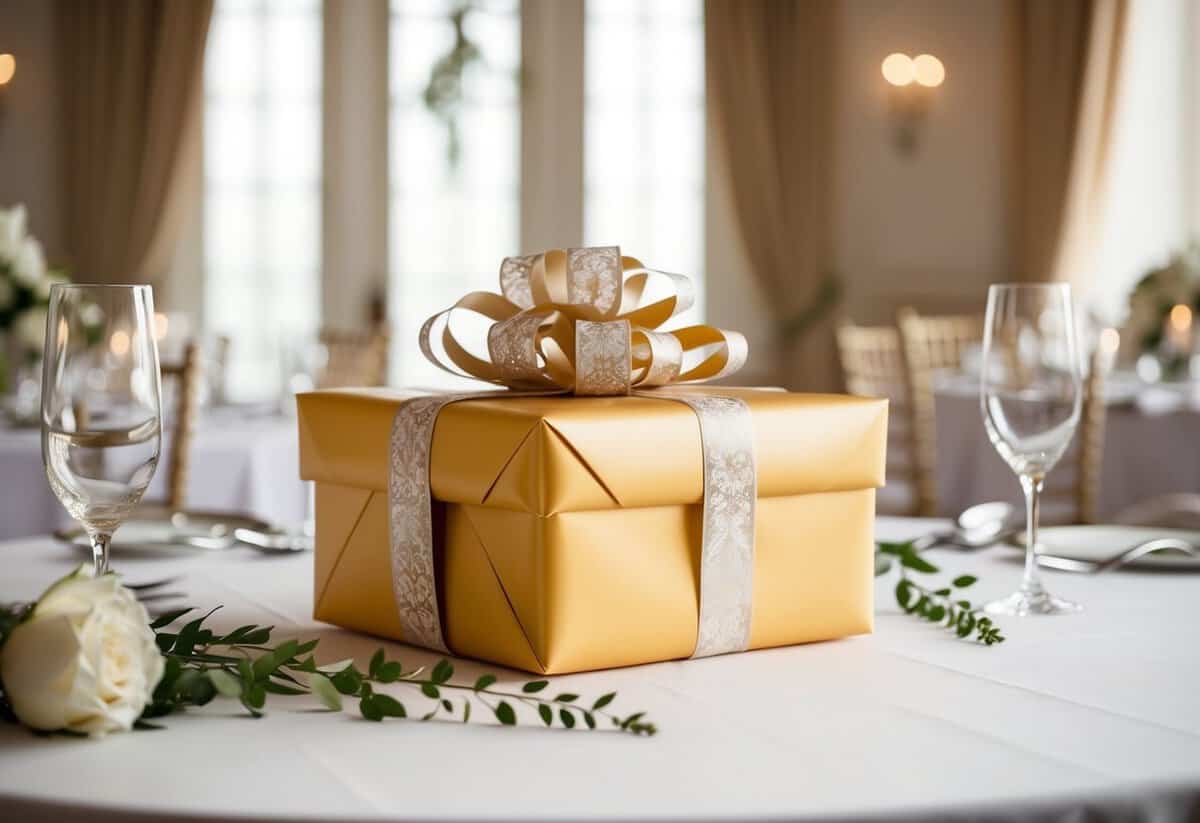 A beautifully wrapped gift sits on a table, surrounded by elegant wedding decor