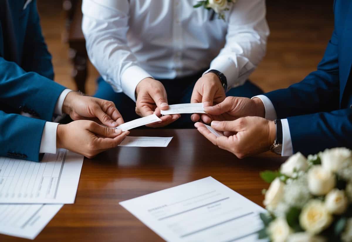Two sets of parents handing over checks to a wedding planner