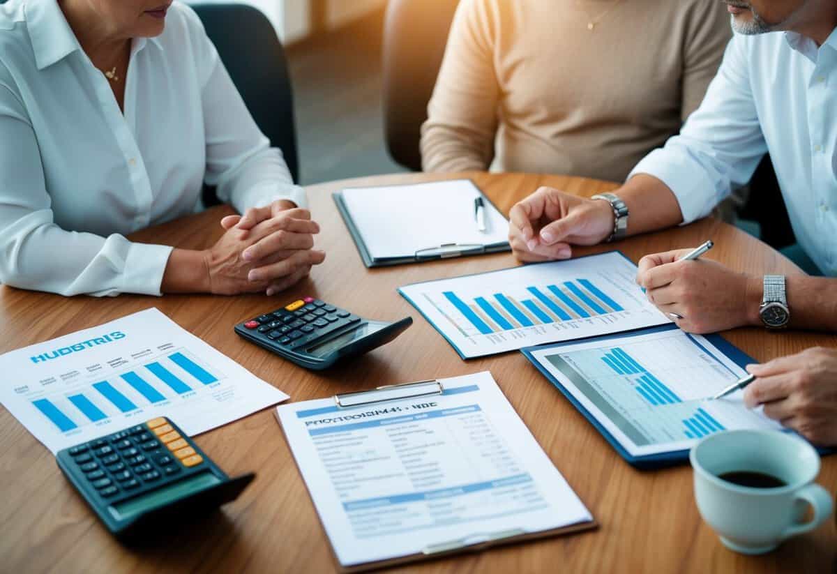 A table with two sets of parents discussing wedding expenses, with papers, calculators, and a budgeting spreadsheet spread out in front of them