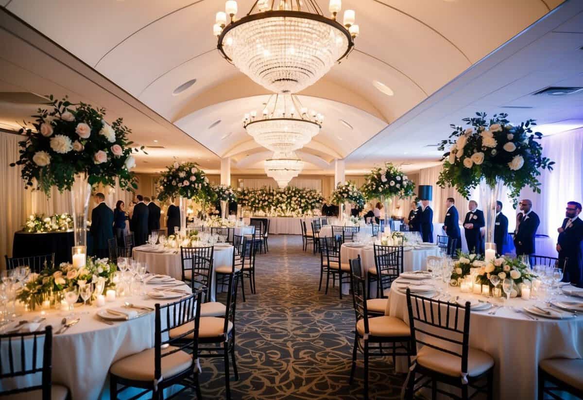A beautifully decorated wedding venue with tables set for a large gathering, surrounded by flowers and twinkling lights