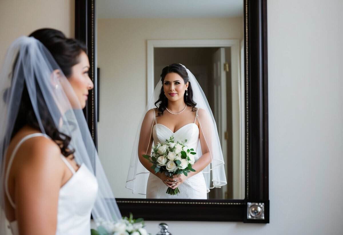 A bride stands in front of a mirror, holding a wedding veil in her hands, looking contemplative