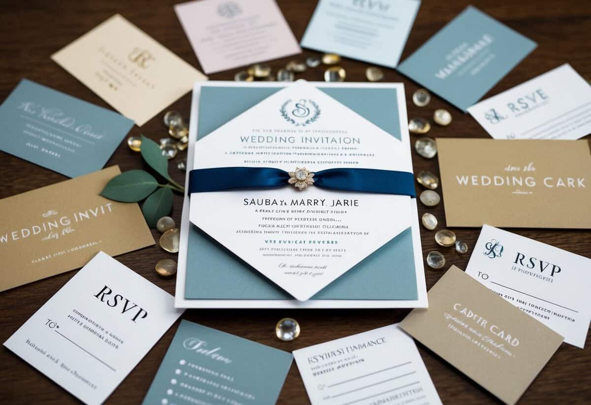 A wedding invitation surrounded by a variety of RSVP cards with different attendance options