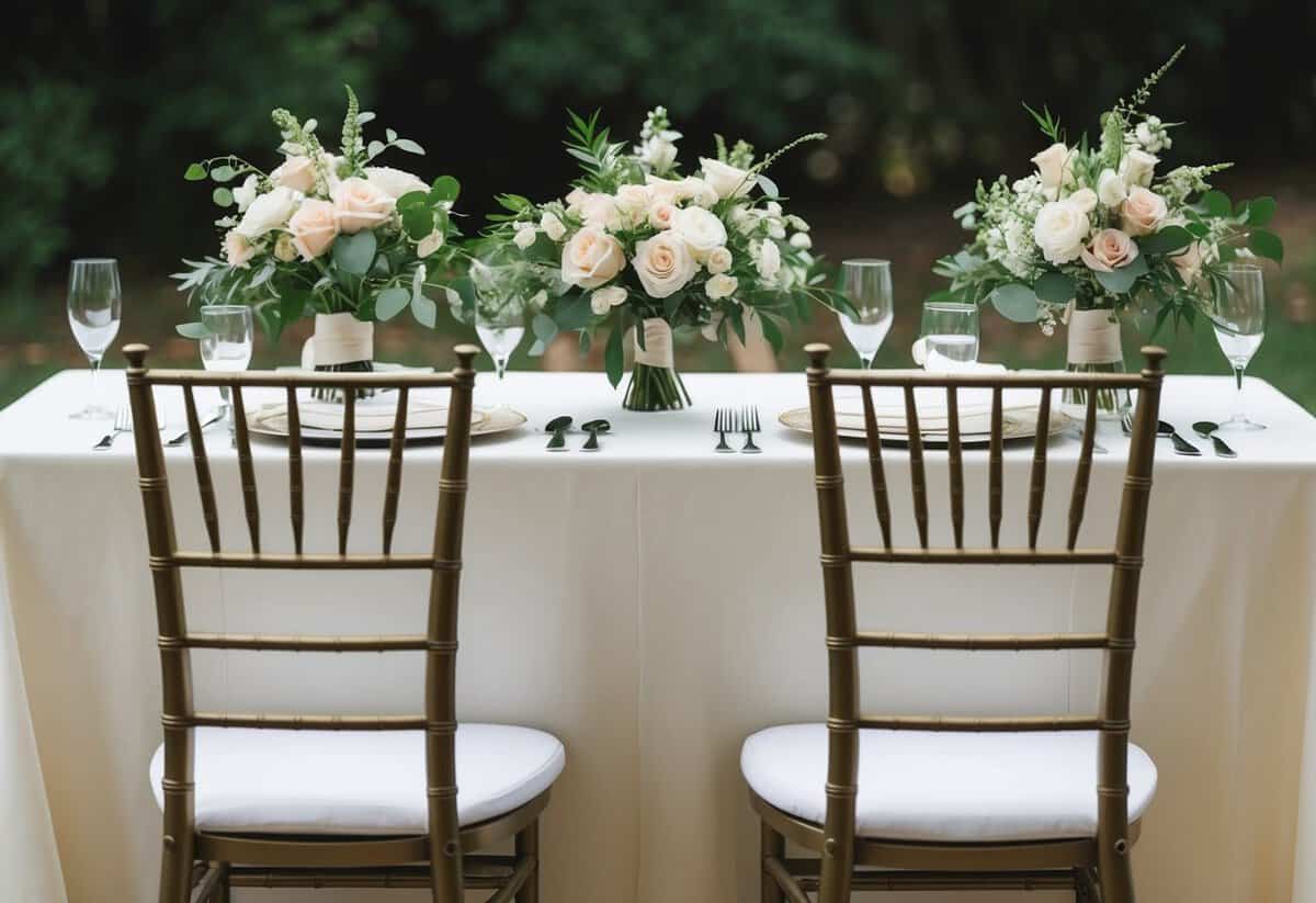 A table set for an intimate wedding, with two elegantly arranged bouquets and two chairs for bridesmaids