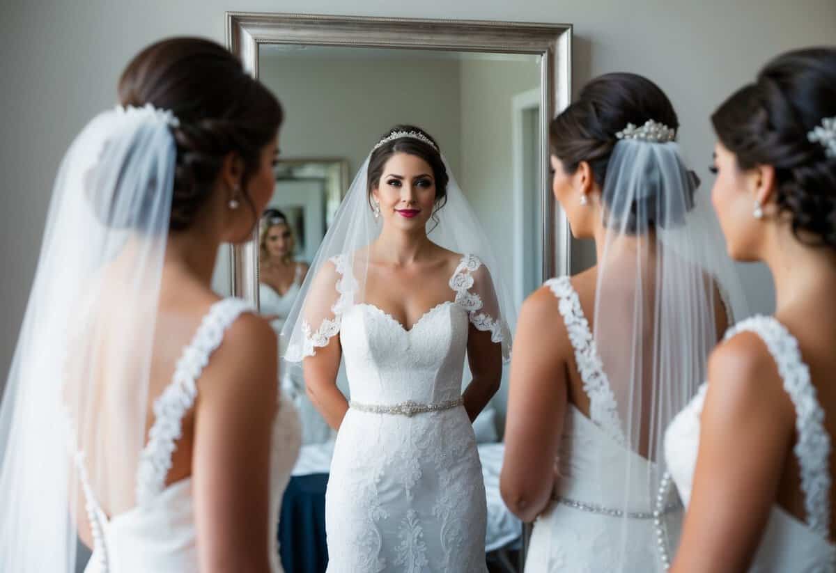 A bride stands in front of a mirror, trying on different veils. She gazes at her reflection, contemplating the significance of each one