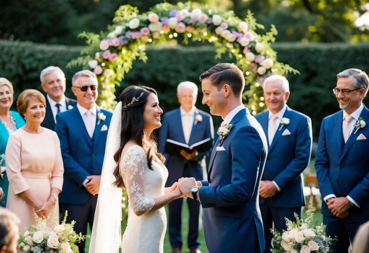 A couple exchanging vows in a garden surrounded by family and friends. Decorated with flowers, lights, and a beautiful arch