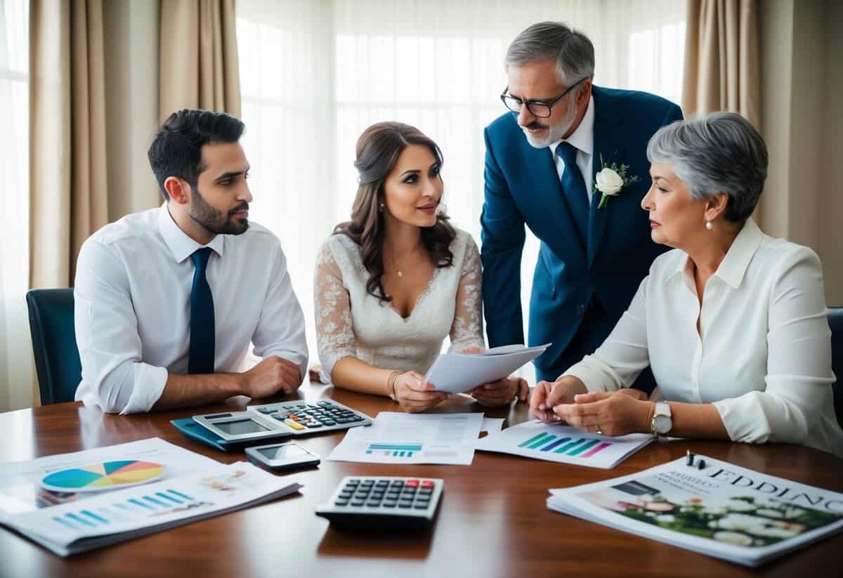 A couple and their parents discussing wedding expenses at a dining table with a calculator, budget papers, and wedding magazines spread out