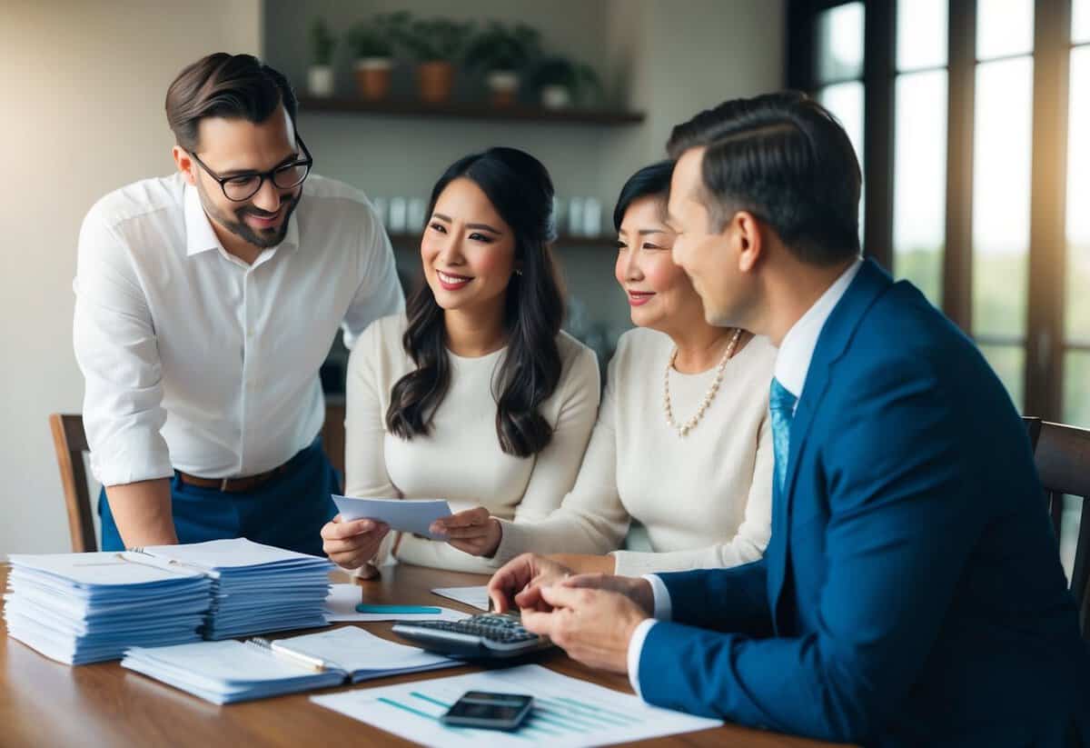 A couple and their parents discussing wedding expenses at a dining table with a stack of financial documents and a calculator