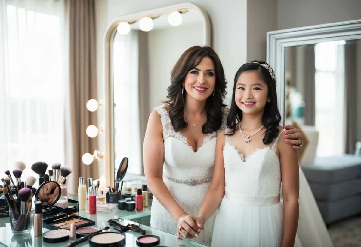 A mother and daughter stand together in front of a mirror, surrounded by makeup, hair accessories, and a wedding dress