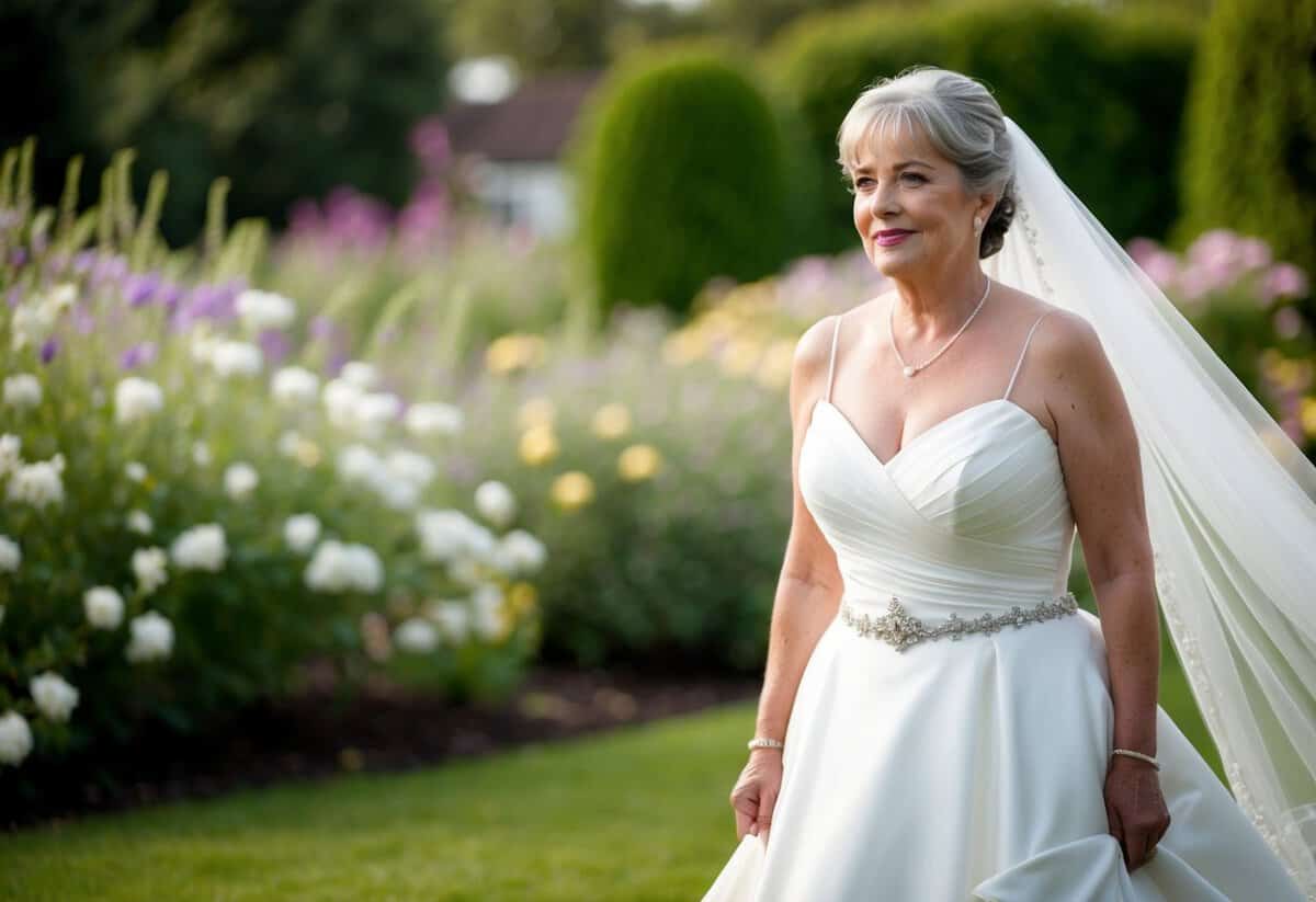 A 50-year-old bride stands in a garden, wearing a flowing white gown with a delicate veil gently flowing in the breeze