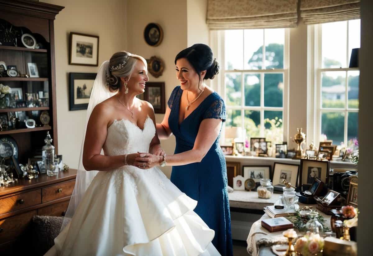 The mother and bride prepare together in a cozy, sunlit room filled with family heirlooms and cherished mementos