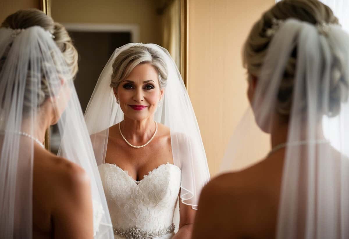 A 50-year-old bride admires herself in the mirror, wearing a delicate veil that drapes over her shoulders, adding a touch of elegance to her wedding attire