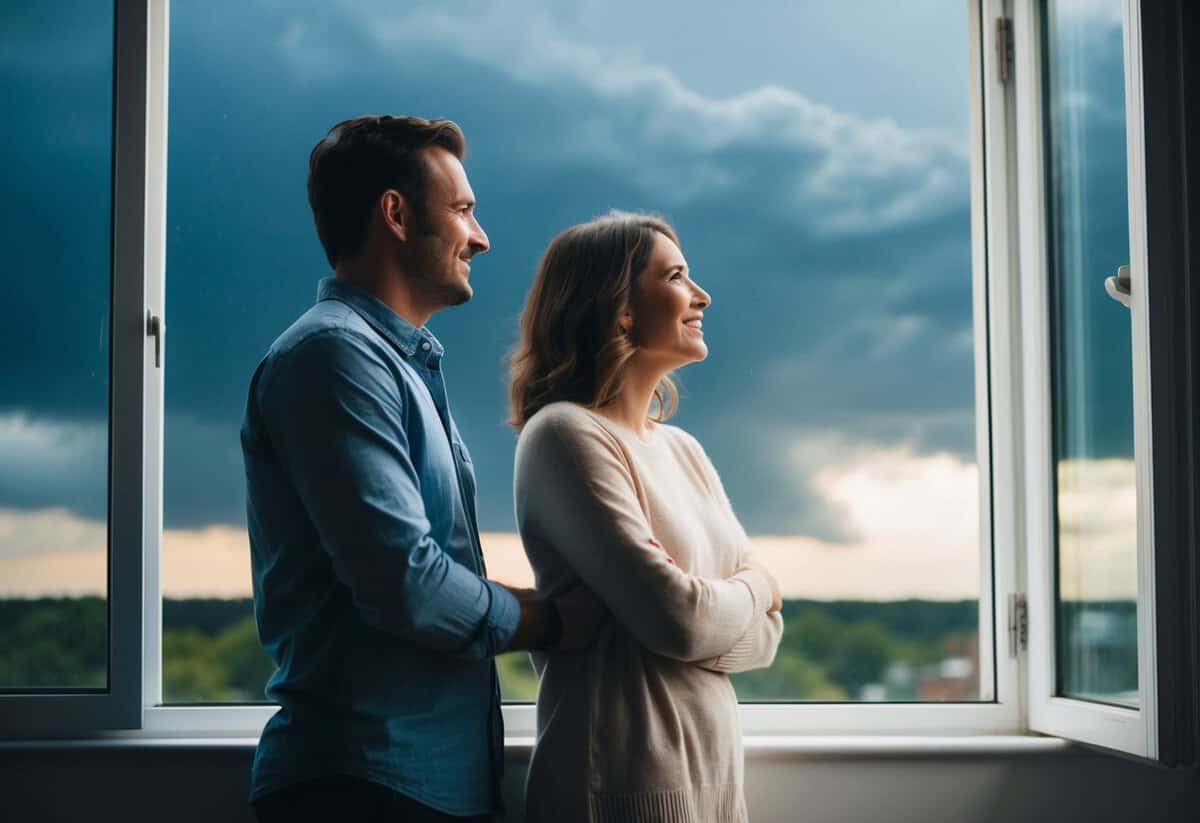 A couple standing by a window, looking out at a stormy sky with a mix of happiness and uncertainty on their faces