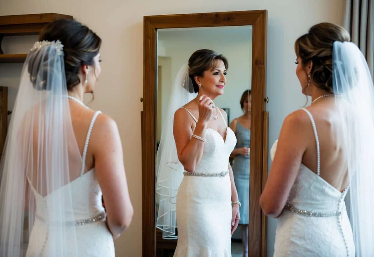 A mature bride stands in front of a mirror, trying on different veils, contemplating which one suits her best