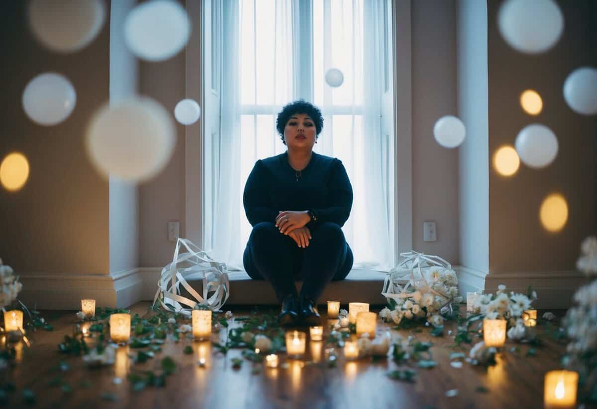 A person sitting alone in a dimly lit room, surrounded by scattered wedding decorations, with a distant, contemplative expression on their face
