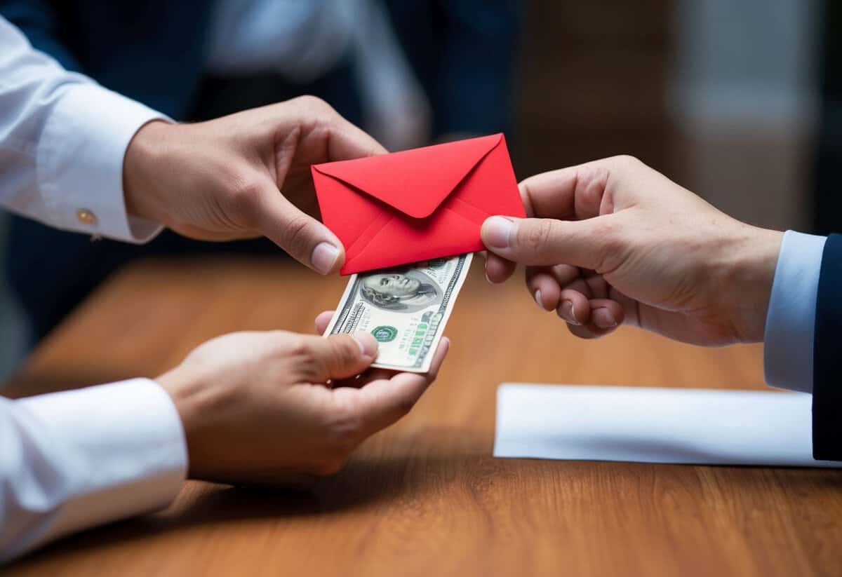 A pair of hands exchanging a red envelope with money inside