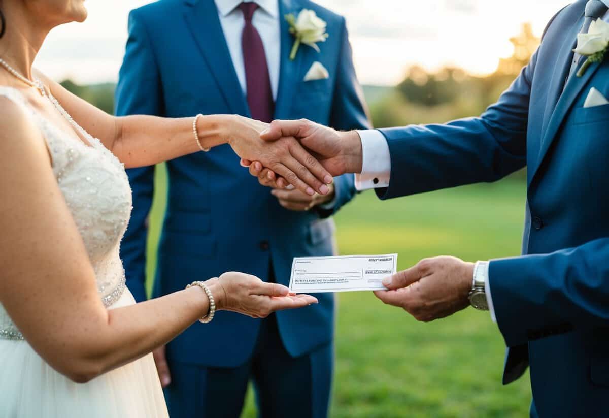 Groom's parents handing over a check or envelope with money to a couple or wedding planner