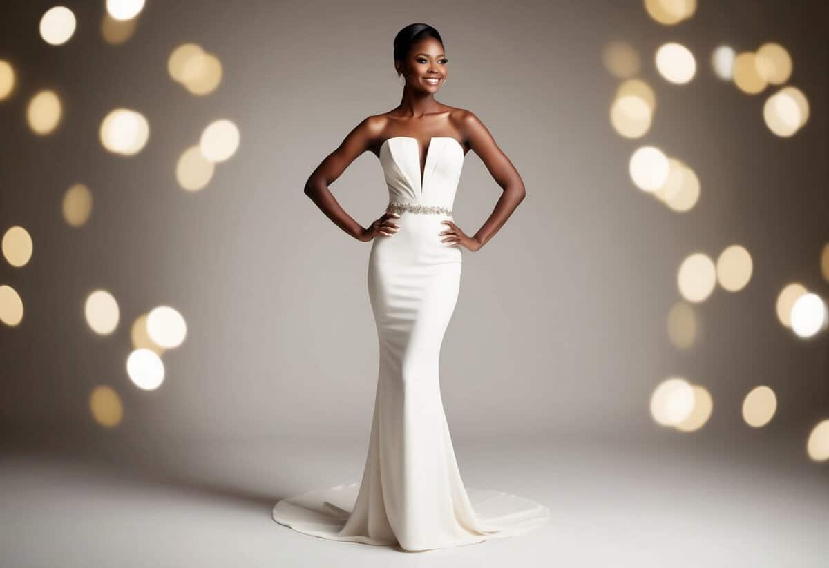 A slender figure in an elegant, form-fitting gown with a flattering neckline and waistline, standing confidently with good posture and a radiant smile