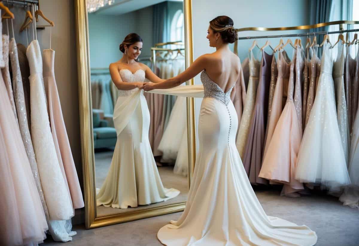 A woman in a flowing, elegant gown stands before a full-length mirror, adjusting the fabric to create a slimming effect. She is surrounded by racks of dresses in a luxurious bridal boutique