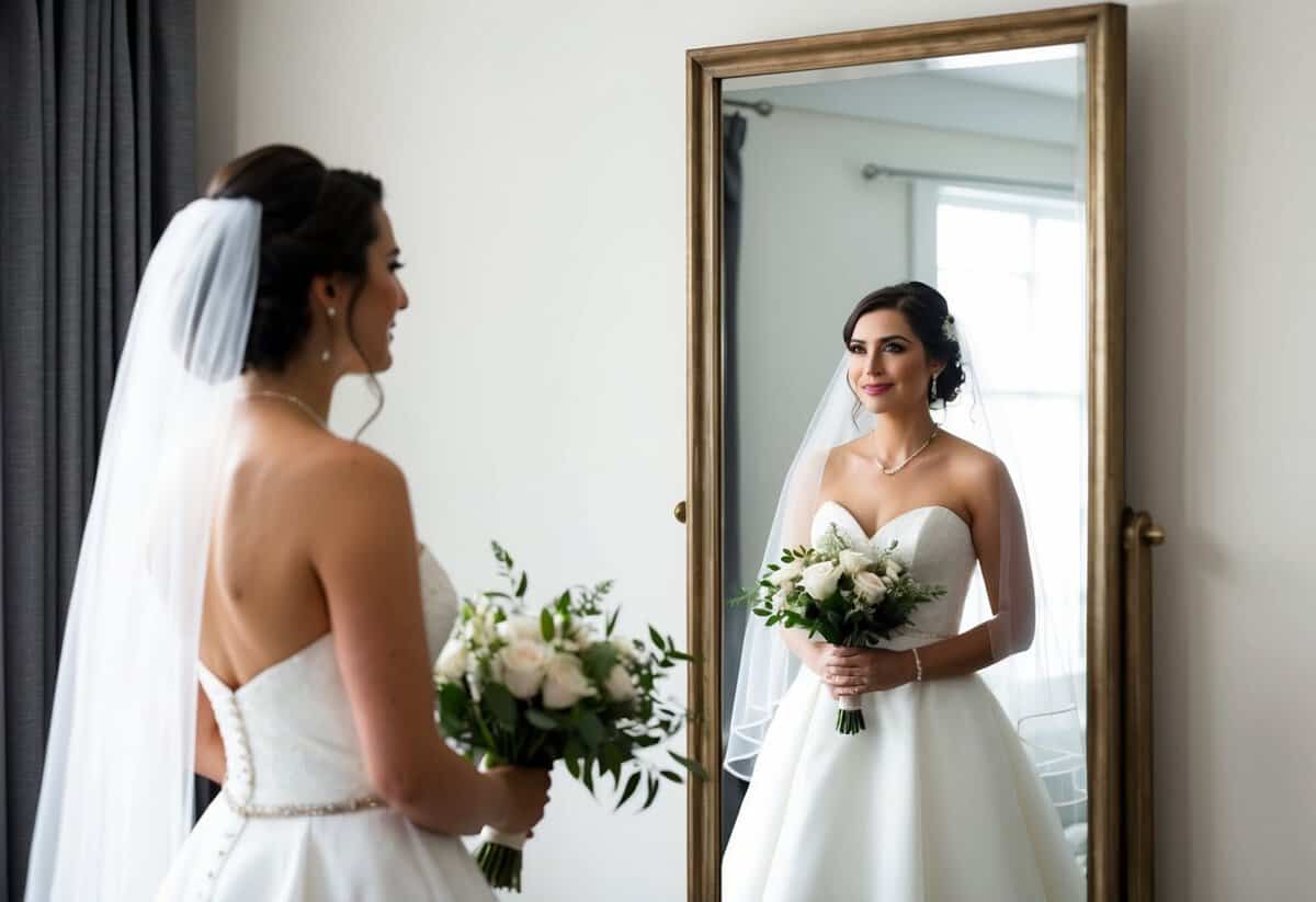 A bride standing in front of a mirror, holding her veil in her hands, with a look of anticipation on her face
