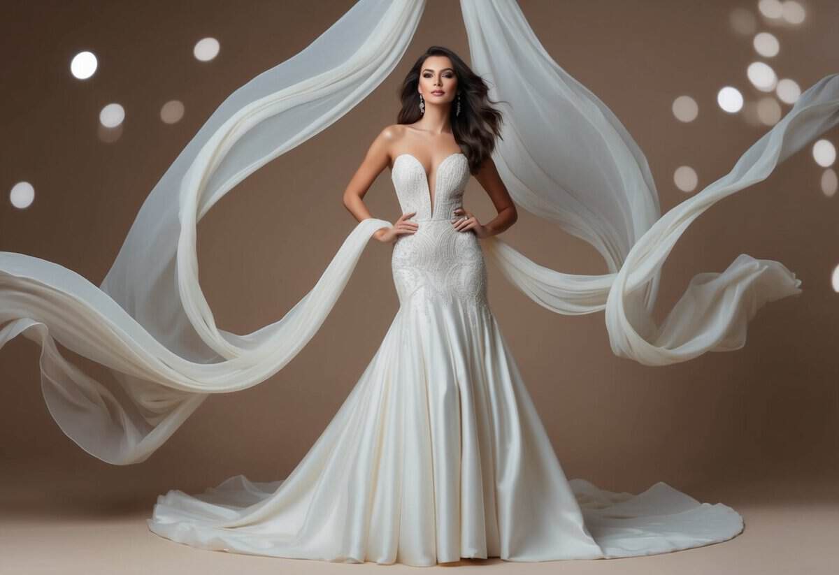 A woman in an elegant gown standing confidently with a flattering silhouette, surrounded by flowing fabrics and stylish accessories