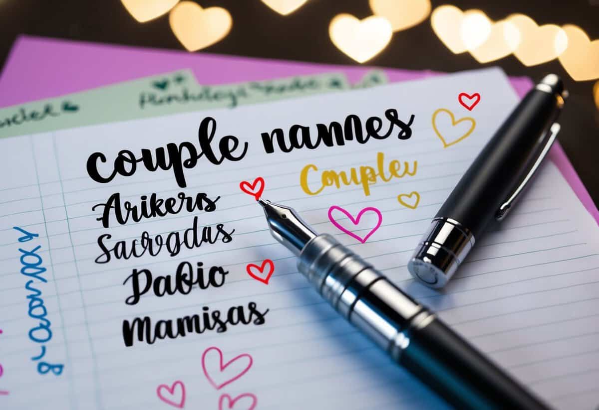 A pen and paper with various couple names written down, surrounded by hearts and doodles