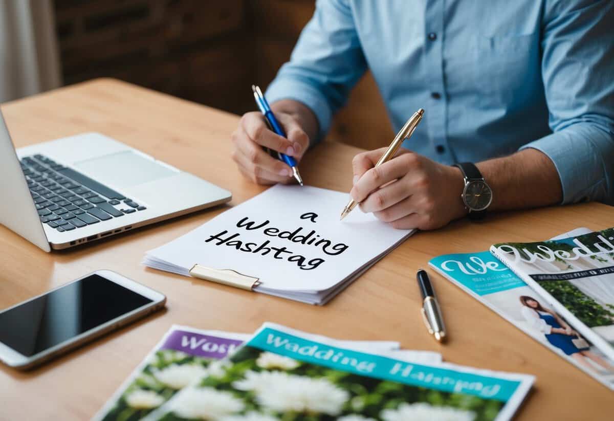 A couple's hands hold a pen and paper, brainstorming ideas for a wedding hashtag. A laptop and wedding magazines are spread out on the table for inspiration