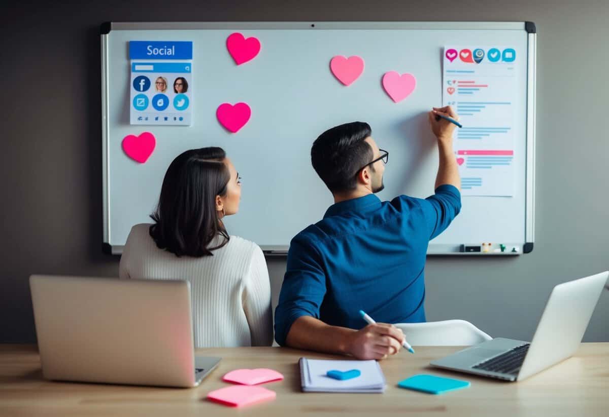 A couple sitting together, brainstorming and writing on a whiteboard, surrounded by heart-shaped sticky notes and a laptop open to social media platforms