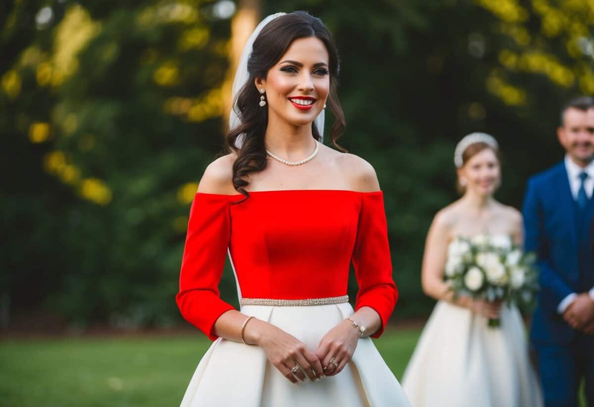 A woman wearing a bright red dress, standing out at a wedding
