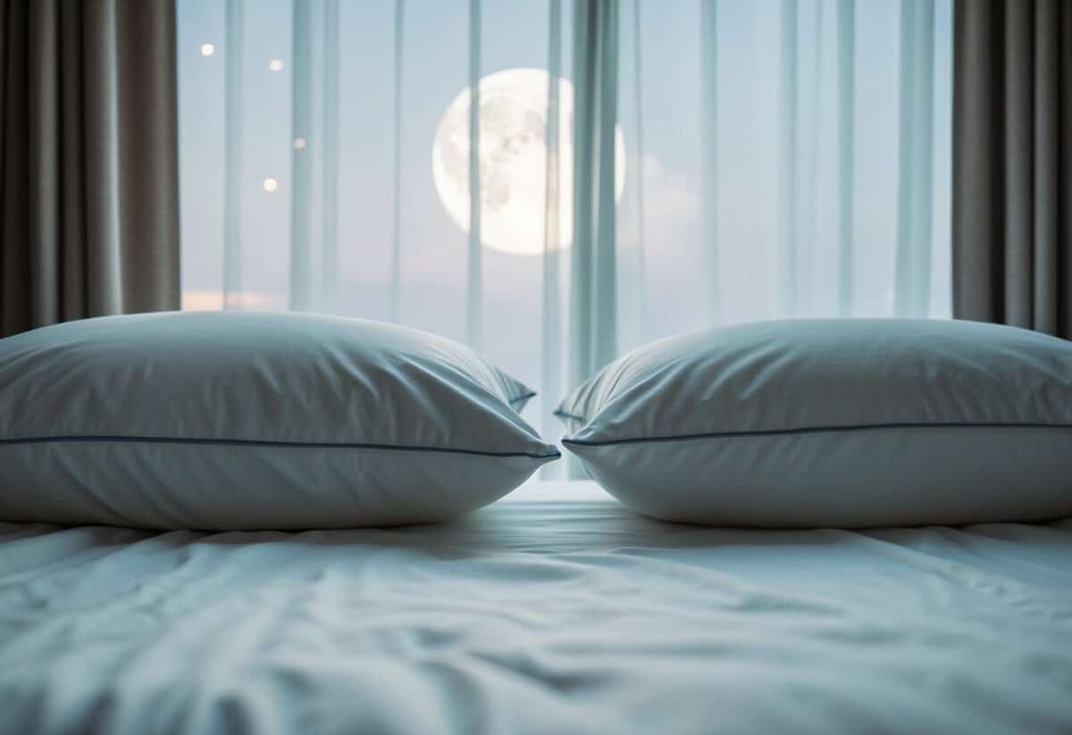 A bed with two pillows side by side, one slightly indented, moonlight filtering through curtains