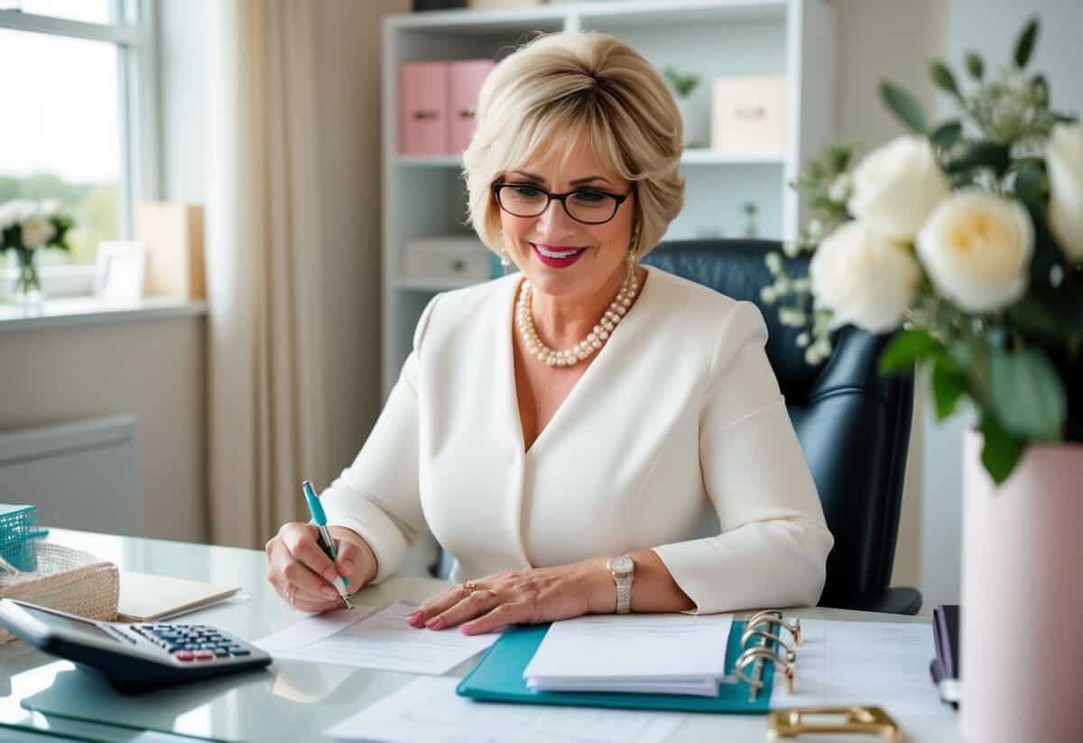 A mother of the bride writing checks for wedding expenses at a cluttered desk with a calculator and wedding planning binder