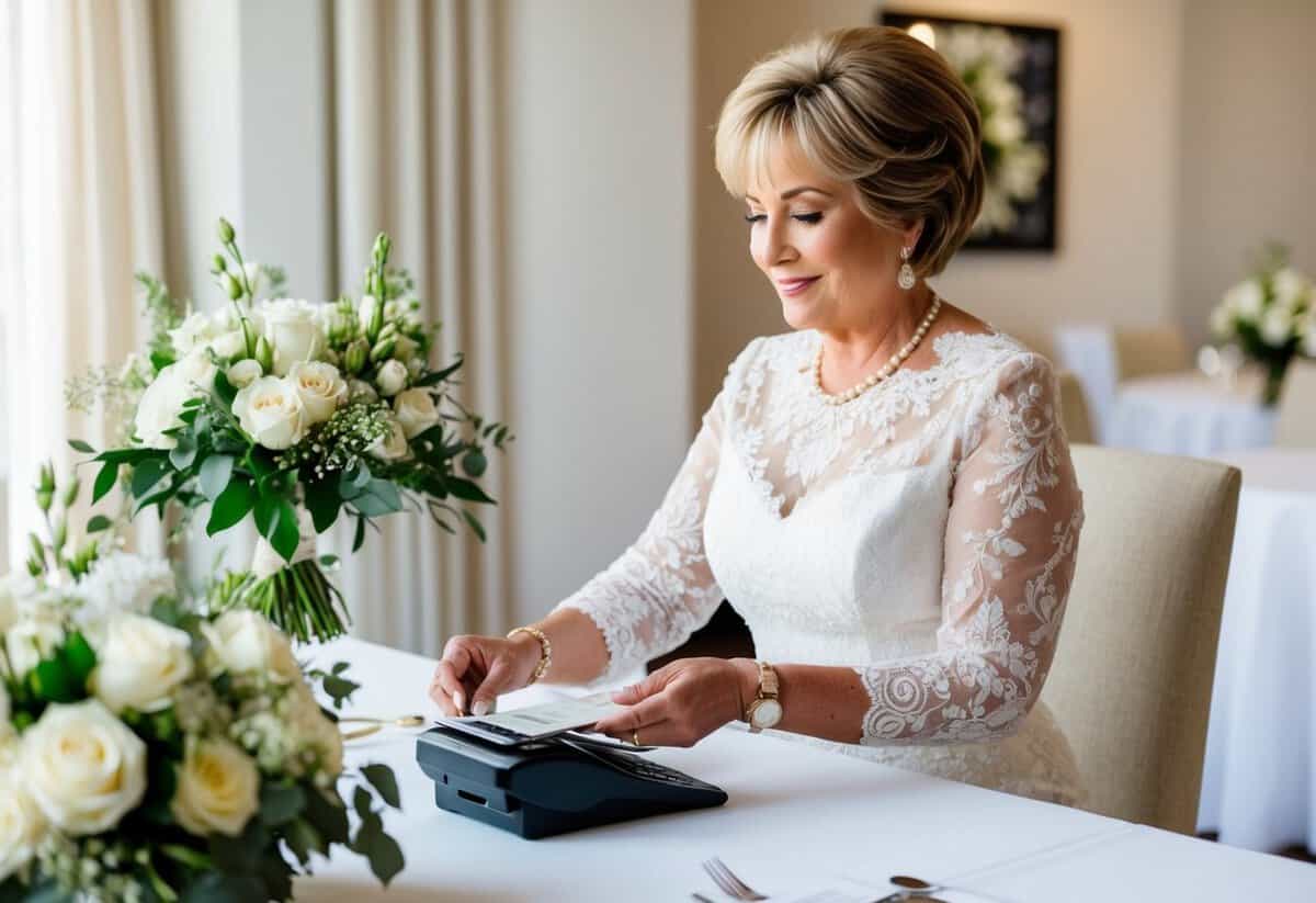 A mother of the bride is seen making payments for wedding expenses, such as venue, catering, and floral arrangements