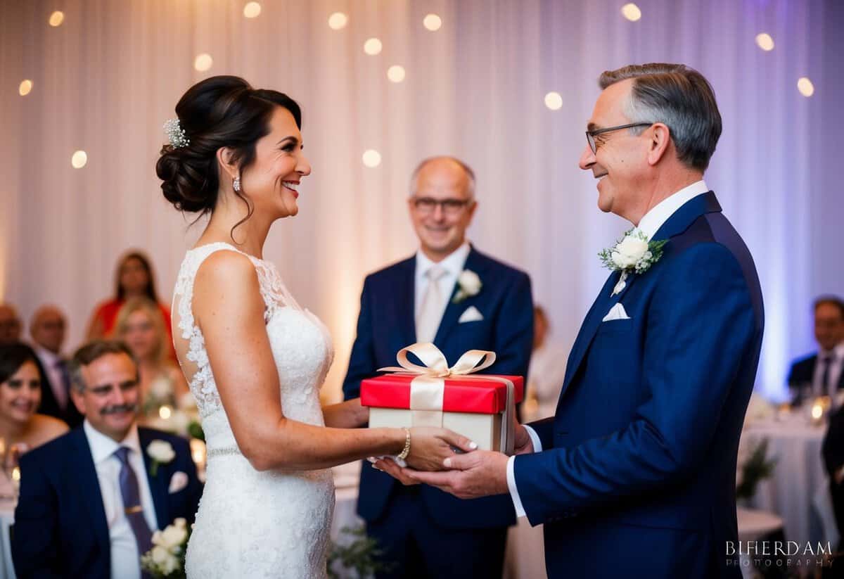 Mother of the bride presents a gift to the mother of the groom at the wedding reception