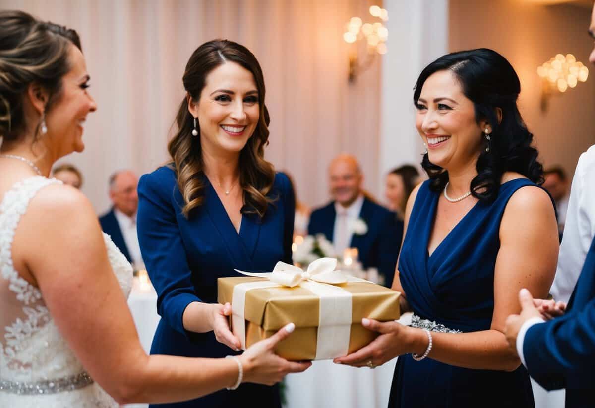 A woman presents a beautifully wrapped gift to another woman, both smiling and exchanging the token of appreciation at a wedding reception