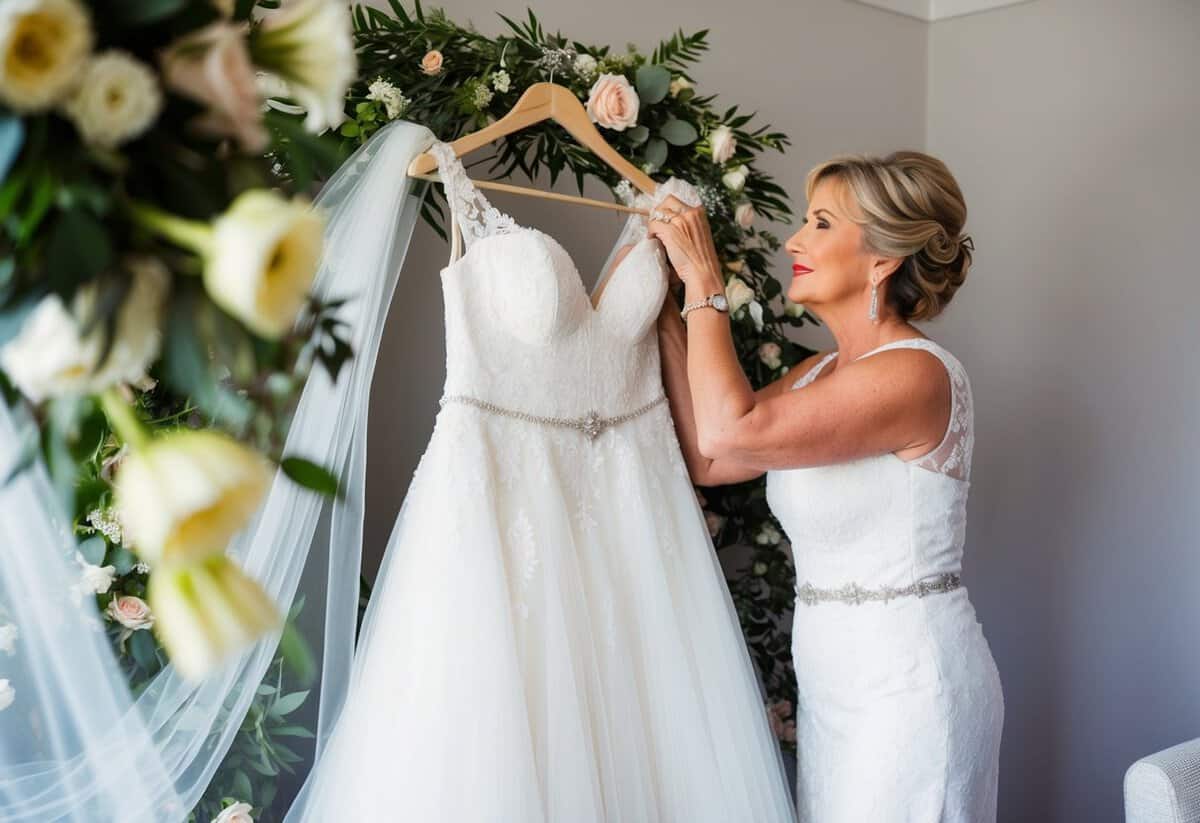 The mother of the bride carefully arranges the bridal gown and accessories on a hanger, surrounded by flowers and a wedding veil. She gazes at the dress with a mix of pride and nostalgia
