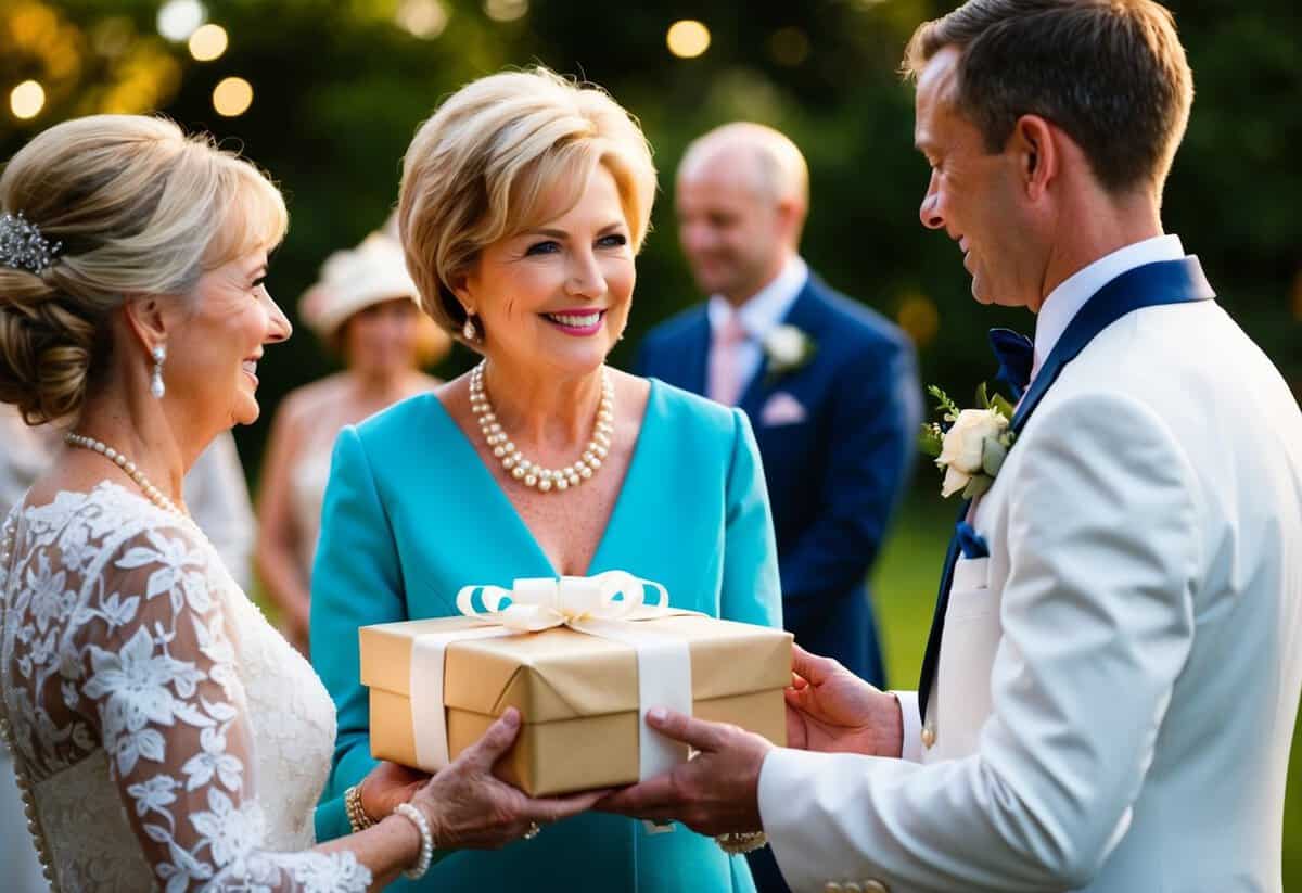 The mother of the bride presents a beautifully wrapped gift to the mother of the groom during the wedding festivities