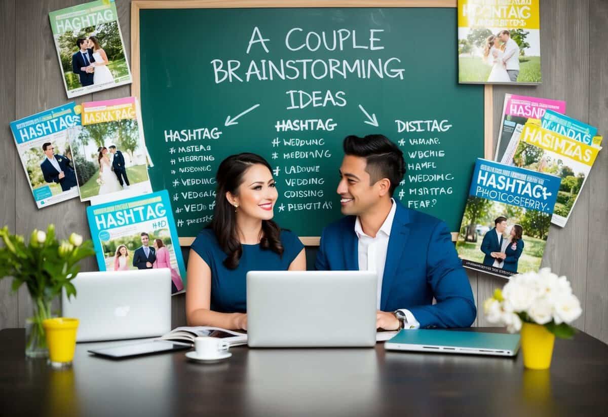 A couple brainstorming with a chalkboard, surrounded by wedding magazines and a laptop, while writing down and discussing various hashtag ideas