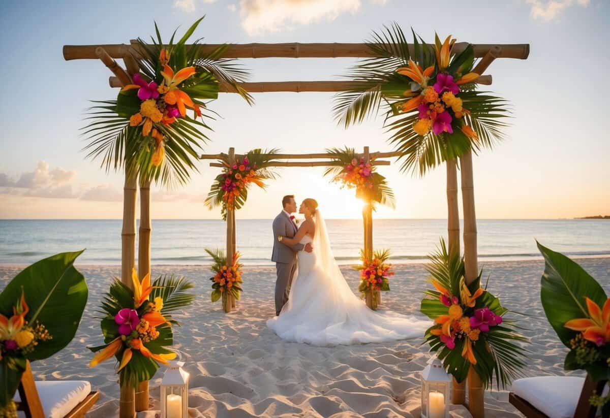 A beach wedding with a bamboo arch, tropical flowers, and a sunset backdrop