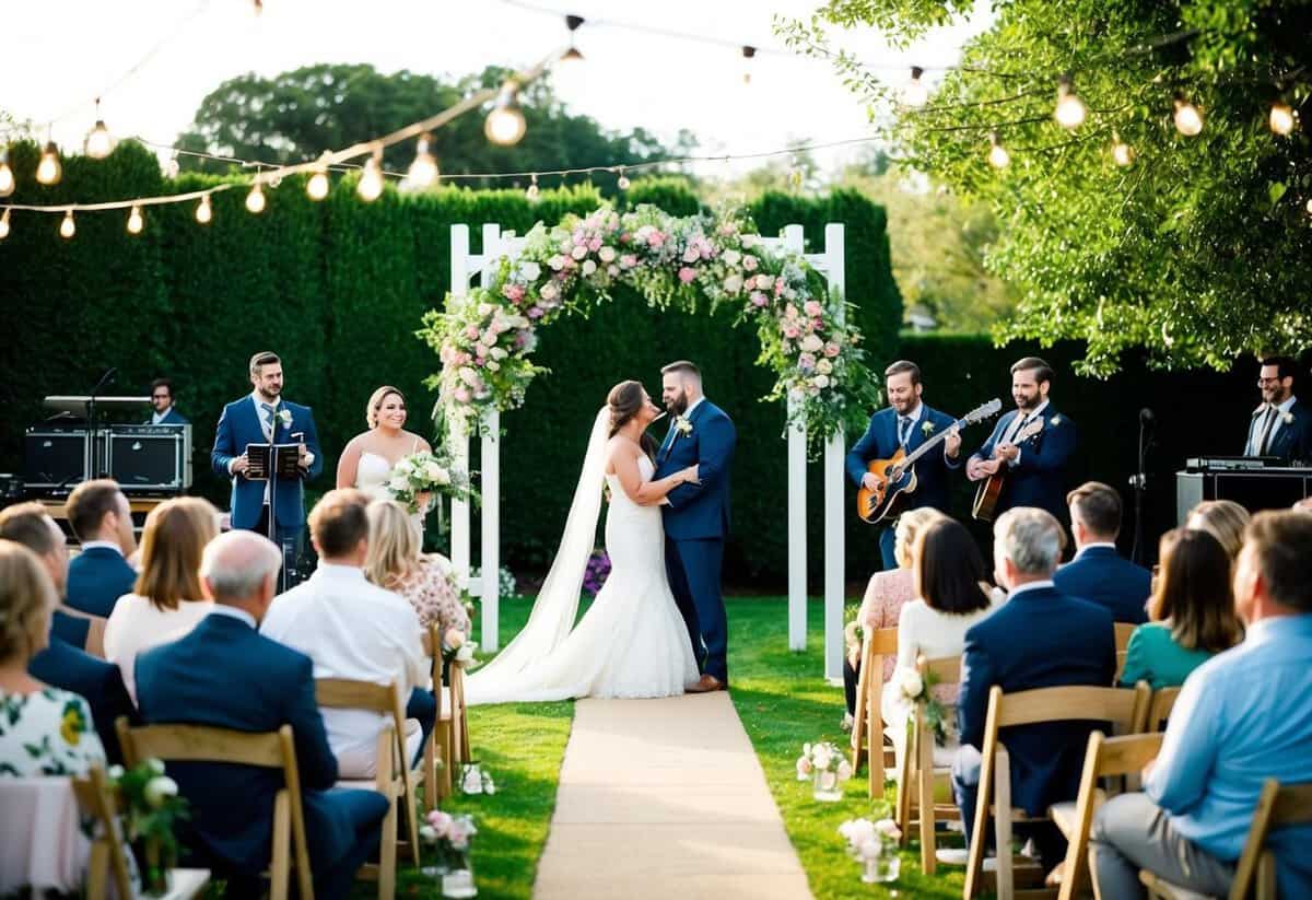 A garden wedding with a floral arch, string lights, and a live band playing for the guests