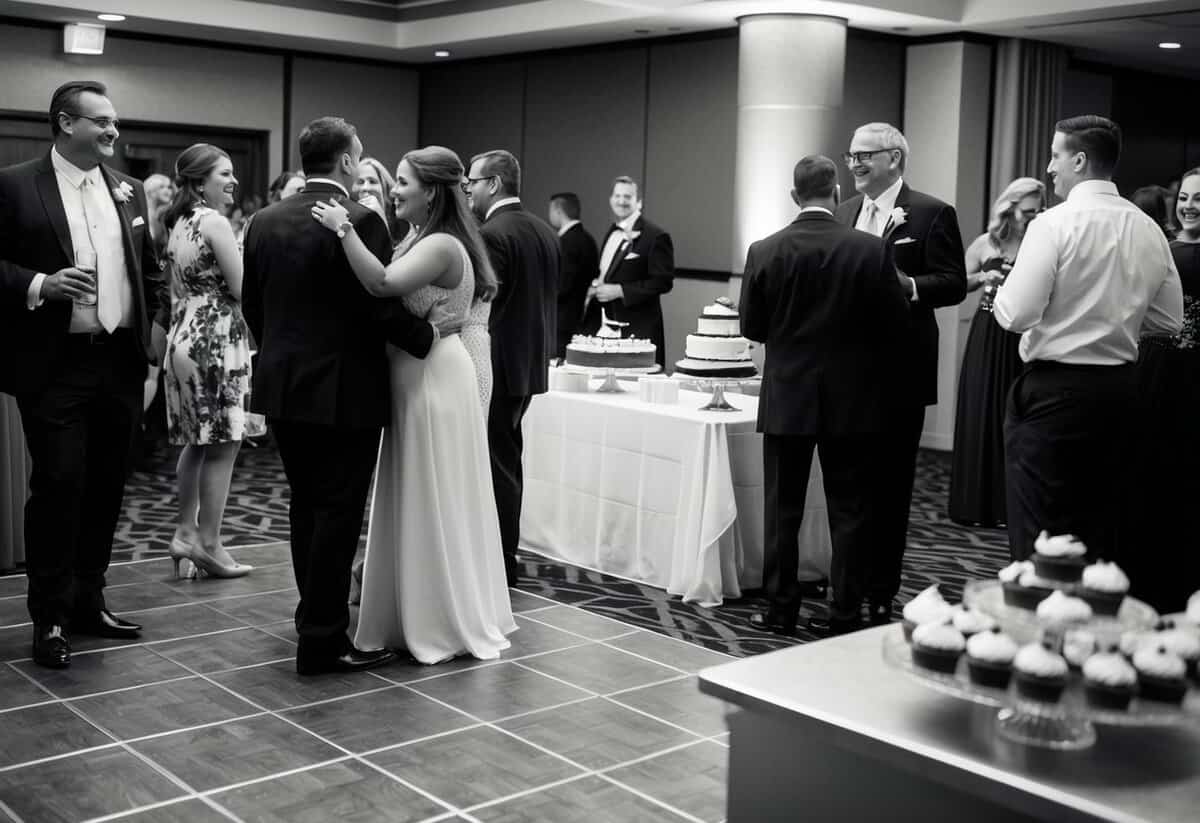Guests mingling by the dance floor as others gather around the dessert table. A few individuals are saying their goodbyes at the entrance
