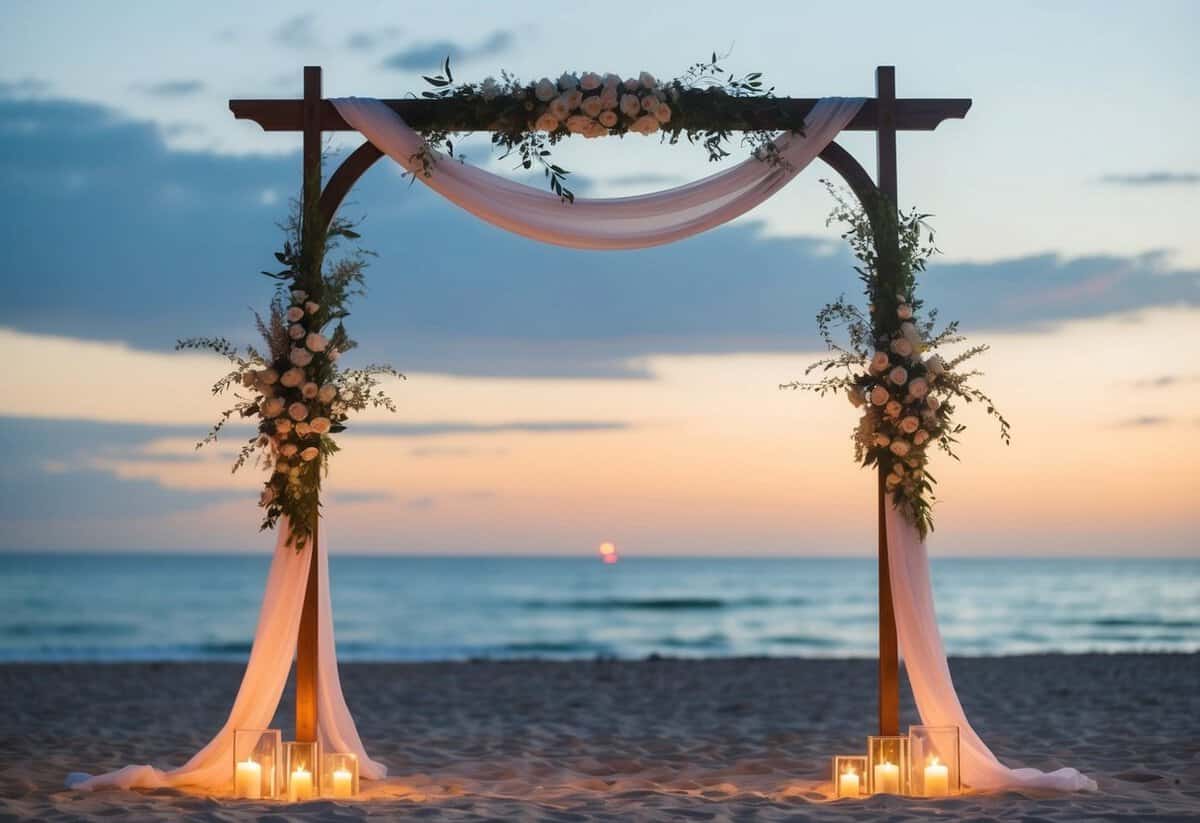 A serene beach at sunset, with a simple arch adorned with flowers and draped fabric, surrounded by twinkling lights and a gentle ocean breeze