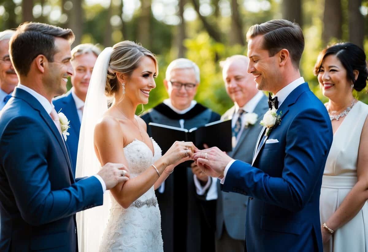 A bride and groom exchanging rings in front of an officiant, surrounded by family and friends. The bride wears a white gown and the groom a suit