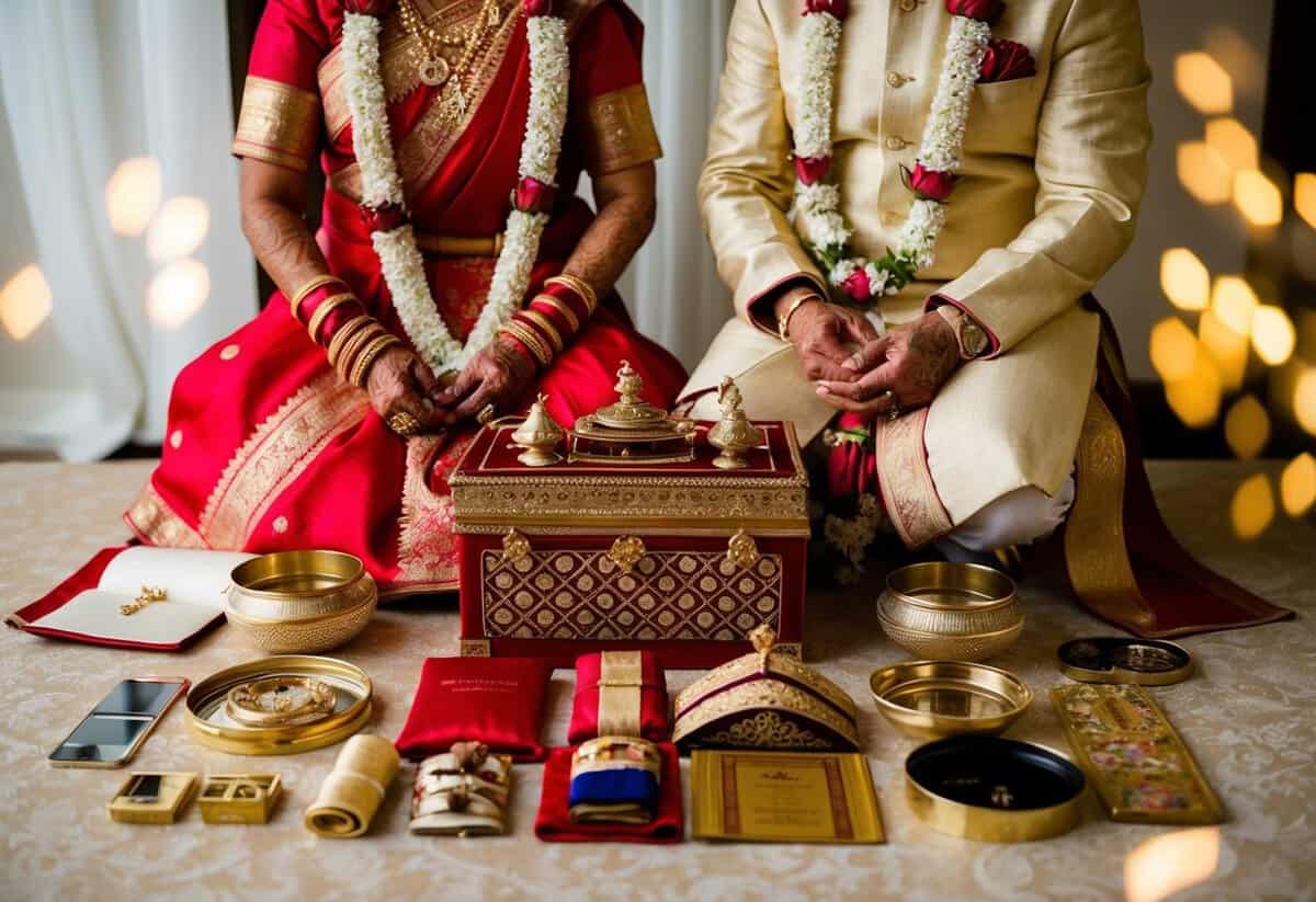 A bride and groom's traditional wedding items laid out for pre-wedding preparations