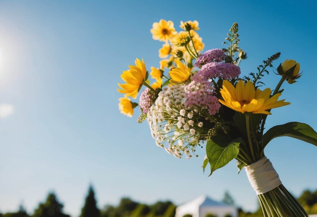 A sunny outdoor wedding in June, with flowers in full bloom and a clear blue sky, showcasing a budget-friendly option for a beautiful wedding day