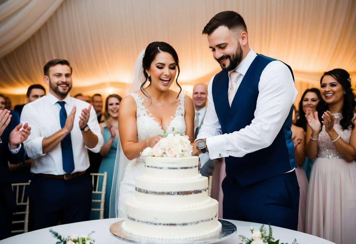 A bride and groom cutting a multi-tiered wedding cake while guests cheer and applaud
