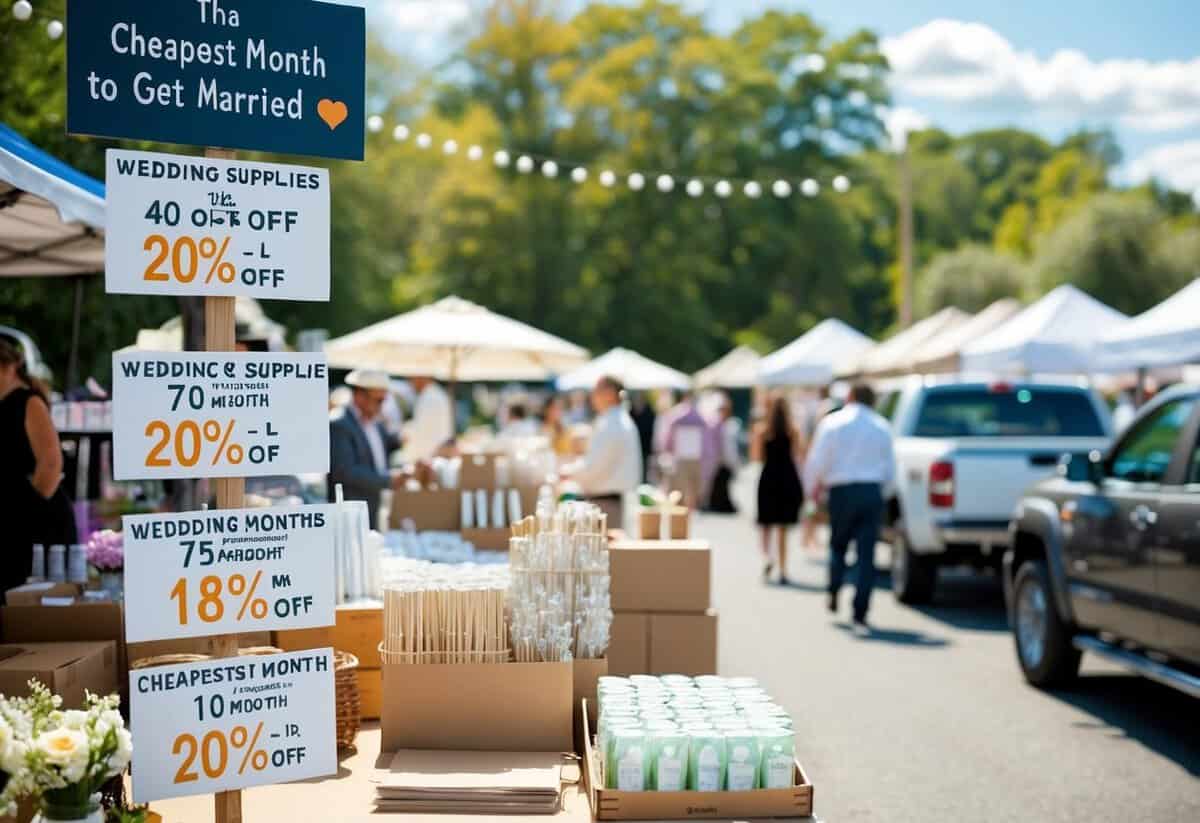 A sunny outdoor market with various vendors selling wedding supplies. Signs advertise discounts for different months, with one indicating the cheapest month to get married